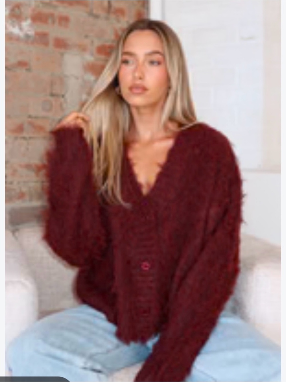 White Fox Cozy V-Neck Fuzzy Cardigan Sweater - Burgundy